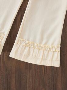 Young Girls Spring/Summer 3D Pearl Flower Cap Sleeve Top + Lace Hem Flared Pants Elegant Sweet 2-Piece Set - Apricot - View 6