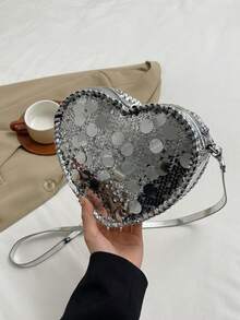 情人节畅销亮片心形晚宴包 | 法式链条手拿包 | 单肩斜挎两用 | 带卡位 | 母亲节礼物 - 銀色 - 查看 7