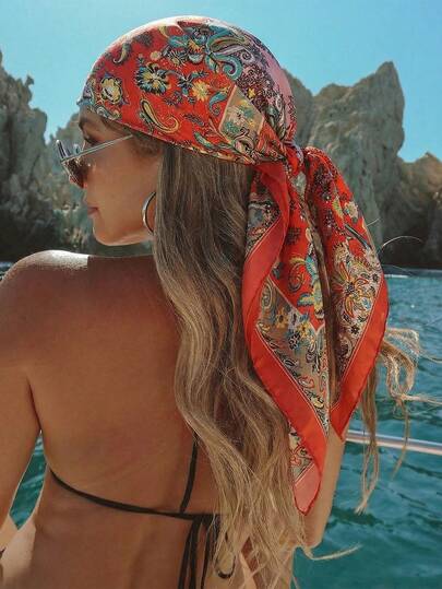 1 pieza Pañuelo de mujer de estilo bohemio con estampado de flores y paisley, pañuelo/chal versátil para uso casual y al aire libre en primavera/verano