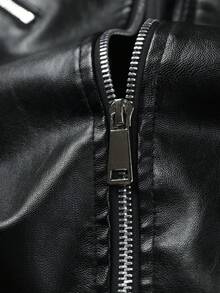 Y2K Grunge Black Faux Leather Moto Jacket For Women, Lapel Collar With Zipper Detail, Slim Fit PU Biker Coat, Edgy Streetwear Essential, Four-Season Outerwear For Daily & Weekend Looks - 黑色 - 查看 7