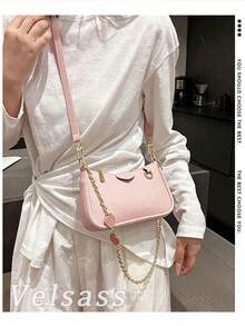 New Fashion Classic Joker Solid Color Pu Waterproof Fabric Shoulder Baguette Bag, Strawberry Metal Chain Decorated Underarm Bag, Elegant Handbag, Business Commuter Bag, Suitable For Travel, Shopping, Parties, Party Festivals. - 粉紅色1052 - 查看 7