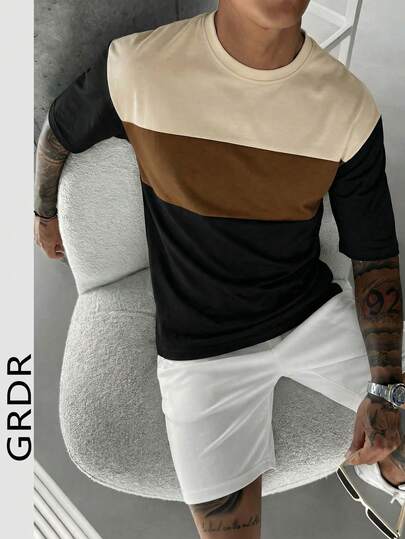 GRDR 1 pieza Camiseta de manga corta de cuello redondo con contraste de color casual para hombre, estilo de negocios, verano