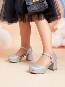 Girls Glitter Platform High Heels Square Toe Ankle Strap Wedding Party Pumps Flower Girl Shoes For Little Big Kid - 銀色 - 查看 2