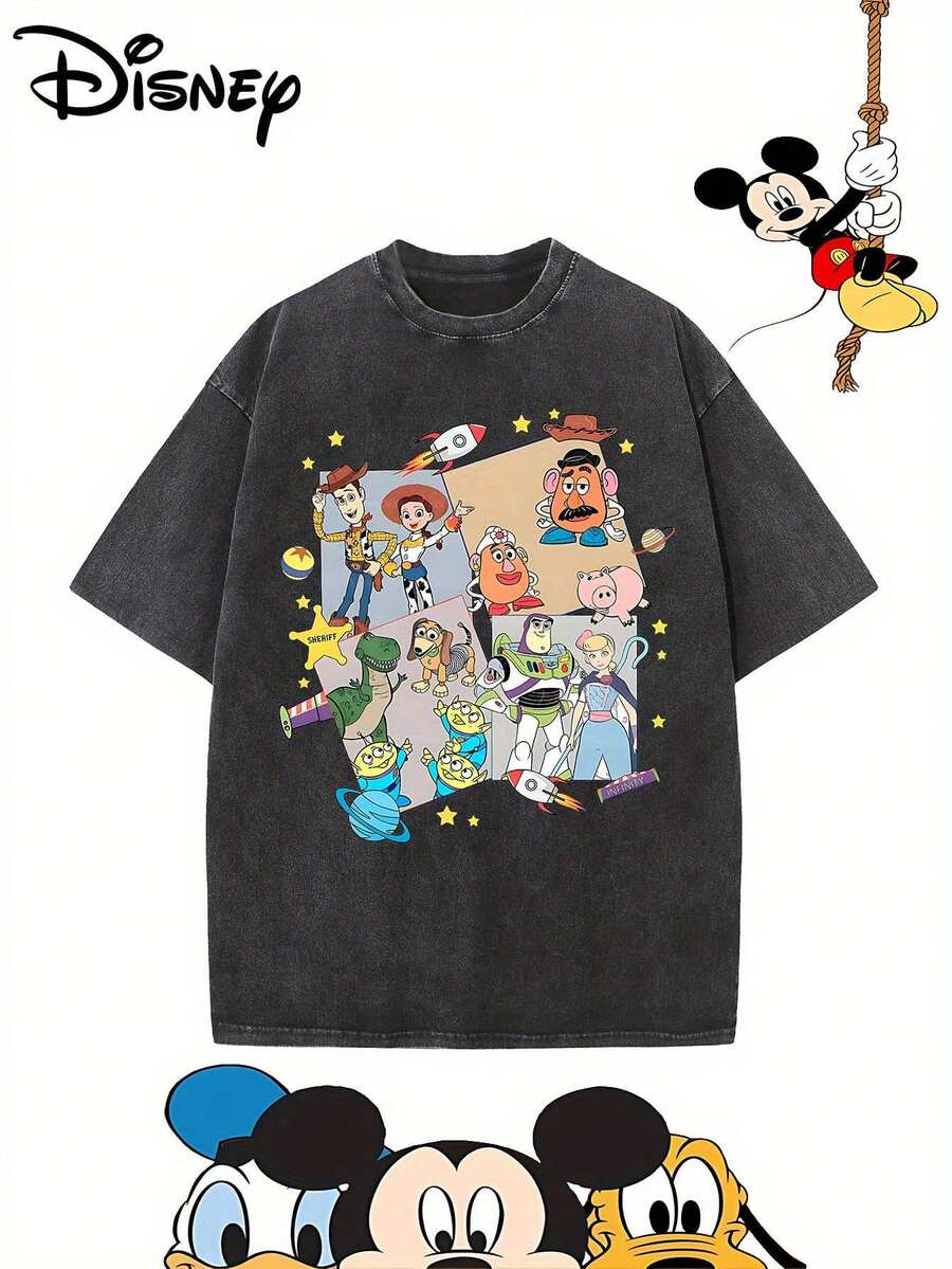 Disney Toy Story Pattern Printed Shirt T-Shirt-Men's Fashion Daily Commuting Casual Short Sleeves-Washable Cotton Shirt T-Shirt-Suitable For Both Men And Women-Can Be Used As A Gift-Washable Cotton - 黑色 - 查看 1