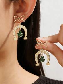 1 Pair Elegant Bow, Horseshoe, Clover Earrings, High-Quality Gift For Women On St. Patrick's Day, Graceful And Charming - Gold - View 1