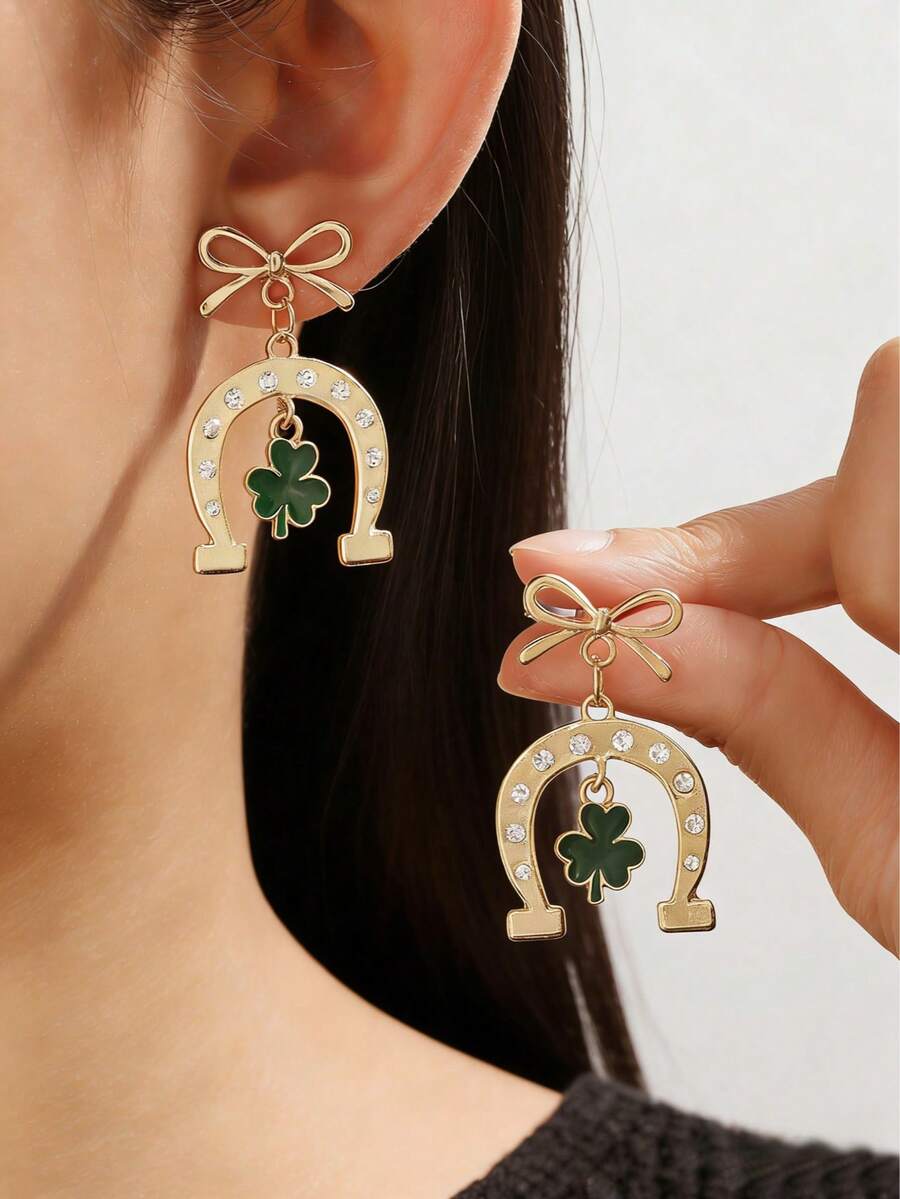 1 Pair Elegant Bow, Horseshoe, Clover Earrings, High-Quality Gift For Women On St. Patrick's Day, Graceful And Charming - Gold - View 1