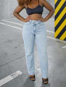 Jeans American Vintage Style High Waist Straight Leg Pants Light Blue Washed Slimming Design Plus Size Women Daily Commute / Casual Streetwear - Blue - View 3