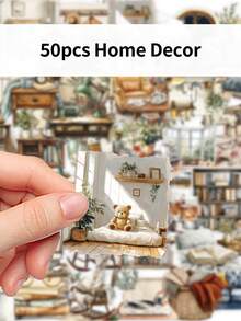 50pcs Alleyway Home Cartoon Creative PET Material Stickers Transparent Waterproof DIY Journaling Supplies Personalized Phone & Notebook Decorative Stickers For Ins - Multicolor - View 7