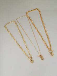 3件套精致心形龙虾扣项链，多层可叠戴，适合女性日常佩戴、约会、派对、宴会、节日礼物 - 金黃色 - 查看 3