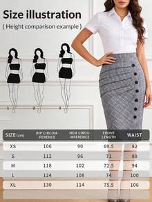 EARO Plus Size Women Casual Retro French Style Pleated A-Line Skirt, High Waist Elastic Waist Slim Fit Gingham Skirt, Elegant Loose OL Work Skirt, Spring/Autumn - Black and White - View 6