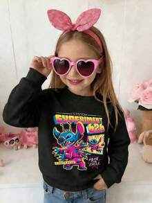 Disney Lilo & Stitch Experiment 626 "A Complete Mayhem" Comic Style Comfortable Print Young Girls' Long Sleeve Sweatshirt, Suitable For Autumn/Winter, Lightweight And Cozy, Great For Layering In Fall, Fashionable Casual Wear, Graphic Design, Back To School Season, Autumn, Back To School Party, Suitable For Outdoor Picnic, Street Photography, Home, Campus, Holidays, New Year Gift - 黑色 - 查看 2