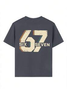 Tween Boy "Six Seven" 67 Numeric & Letter Print T-Shirt, Fashionable Street, Campus, Event, Daily Wear, Summer Top For Boys - Dark Grey - View 8