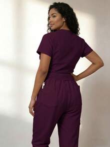 Women's Work Uniform Set - V-Neck Top And Sports Pants With Zipper Side Pockets, Anti-Pilling And Breathable Work Outfit - Burgundy - View 4