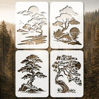 4件套风景松树绘画模板，尺寸11.7x8.3英寸，可重复使用，包含松树、太阳、鸟类、树木图案，适用于DIY工艺品、墙面、织物、家居装饰。