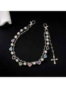 Fashion Layered Pants Wallet Chains For Women Men - Gold Silver Rhinestone Flower Pearl Jean Pocket Chain, Exquisite Cute Bag Purse Charms Jewelry For Daily & Party Wear - Silver - View 4