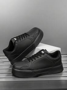 Men's Minimalist Fashion Solid Color Patchwork Letter Print Black Skate Shoes, Versatile Outdoor Commute Sports Sneakers - Black - View 6