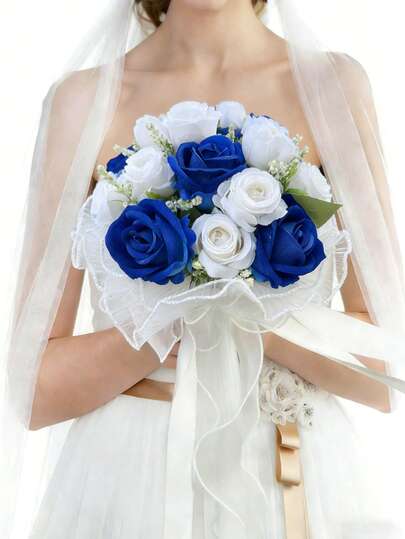 Wedding Bouquets For Bride, Ivory White Bridal Bridesmaid Wedding Flowers, Artificial Toss Rose With Silk Ribbon For Ceremony