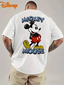 Disney Men's T-Shirt With Mickey Mouse Cartoon Pattern Printed On The Front And Back, Fashionable, Soft And Comfortable Cotton T-Shirt, Retro Street Feel - trắng - Xem 2