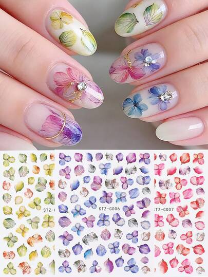 Autocolante de unghii cu flori de hortensie înflorite, albastru, violet, roșu, verde, clar petale florale, primăvară, decorațiuni pentru unghii, nuntă, consumabile DIY, farmece elegante pentru unghii, decorațiuni