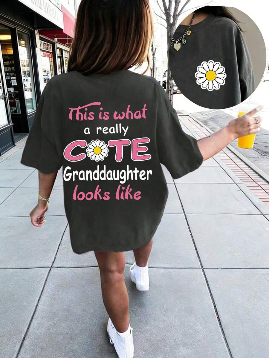 Tween Girls' Casual Graphic Print Crew Neck Short Sleeve T-Shirt, Summer Top - Dark Grey - View 1