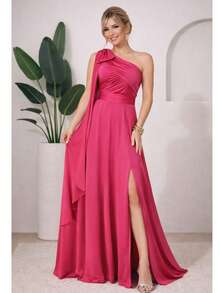 Bridesmaid Dress For Party Guests Reception Graduation Without Shine Cape Sleeve In Fluity - Hot Pink - View 1
