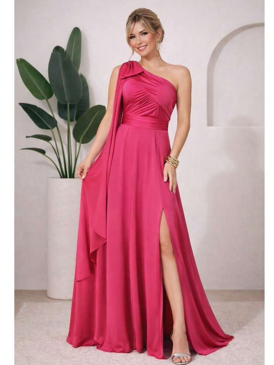 Bridesmaid Dress For Party Guests Reception Graduation Without Shine Cape Sleeve In Fluity - Hot Pink - View 1
