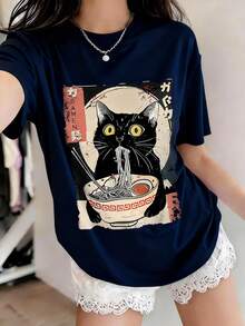Teen Girl Cartoon Cat & Ramen Print T-Shirt - Navy Blue - View 8