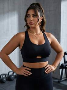 Zimi Collection Plus Size Women's Built-In Padded Hollow Front Cross Back High Support Yoga Fitness Sports Cropped Top Running Training Workout Apparel - Black - View 3