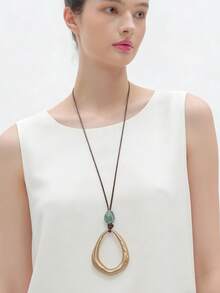 1pc Fashionable Versatile Gold & Silver Teardrop Shaped Alloy Necklace, Unisex Pendant Long Necklace With Brown Wax Rope & Beads, Music Festival Gift, Holiday Accessory - Brown Waxed Rope - View 5