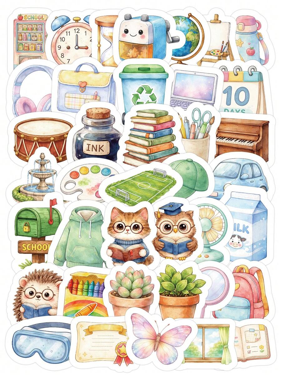 66/104 Stück Aquarell Campus Life Aufkleber - warmer Ton süße Tiere Lernthema, wasserfest wiederverwendbar für Planer/Handyhülle/Geschenkverpackung, Schulmaterial - Campus-Aufkleber - Übersicht 1