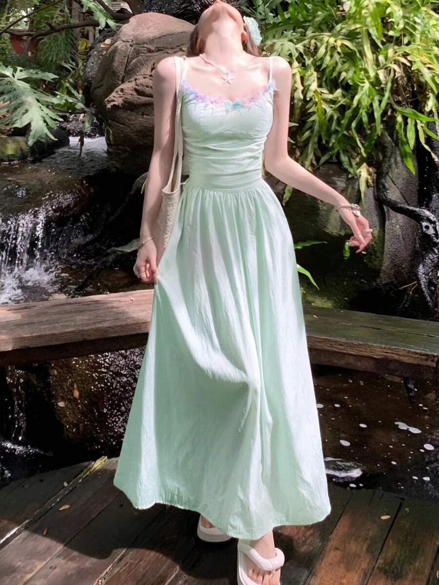 法式优雅吊带连衣裙，女士春夏海滩度假女神风长裙 - 薄荷綠 - 查看 1