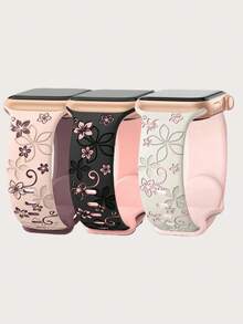 3条装花卉雕刻表带，兼容表带41mm、40mm、44mm、45mm、46mm、42mm、38mm、49mm，女士款，可爱花朵表带，柔软硅胶运动表带，兼容 Series SE、11、10、9、8、7、6、5、4、3、2、1、Ultra - 星光粉/粉紅紫/黑粉 - 查看 15