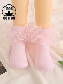 1 Pair Cotton Children's Solid Color Lace Trim Short Socks, Suitable For Dancing, Princess Baby Socks, All Season - Pink - View 9