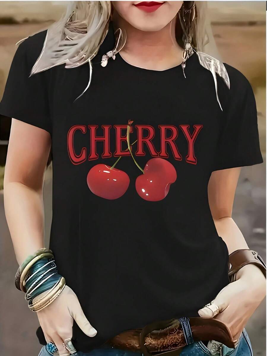 Camiseta negra con diseño de cereza estilo vintage para mujer moda casual y juvenil ideal para cualquier ocasión camiseta original y trendy con ilustración de cerezas rojas perfecta para destacar con estilo único y divertido en cada salida - Negro - Ver 1