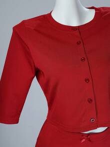 Women's Casual Style Solid Color Round Neck Skirt Set, 2026 New Versatile Casual Suit - Red - View 5