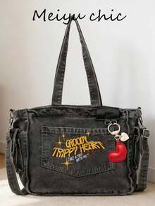 This Novel And Fashionable Classic Multi-Purpose Casual Backpack Features A Letter Graphic Design, With A Red Heart-Shaped Pendant, Exquisite Embroidery, And A Large-Capacity Metal Chain Shoulder Strap. Made Of Fabric With A Worn And Washed Treatment, It Is Very Suitable For School Or Commuting Use. - Black - View 10