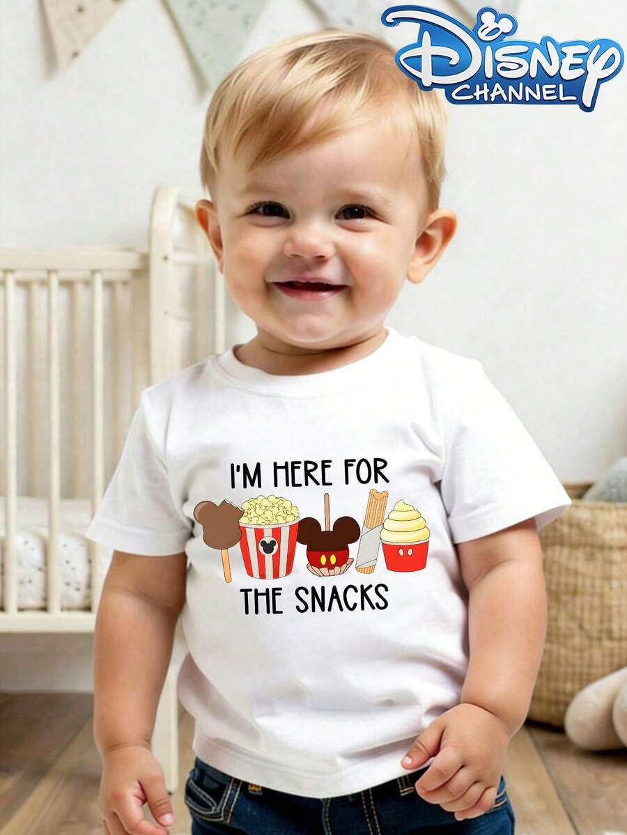 This Disney "I'm Here For The Snacks" Graphic Casual Short-Sleeved T-Shirt With A Round Neckline Is Designed For Both Baby Boys And Girls, Making It An Ideal Choice For Summer Wear. - 白色 - 查看 1