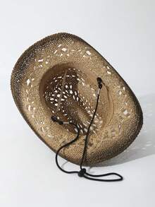 1pc Unisex Pearl Decor Ridge Dyeing Printed Boho Wide Brim Hand Woven Hollow Out Windproof Rope Casual Handmade Cowgirl Hat Travel Shade Breathable Adjustable Chin Strap Travel Shade Beach Hat Cowboy Hat Sun Hat Straw Hat - Màu Khaki - Xem 6