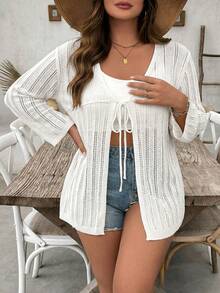 2026 Primavera/Verano Nueva Brisa Cómoda Elástica Cubierta de Punto con Cuello en V Hueco, Versátil y Elegante - Beis - Ver 3