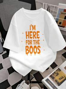 Maglietta di Halloween "I'm Here For The Boos" con scollo rotondo, vestibilità comoda, casual, design grafico - Bianco - Visualizzare 2