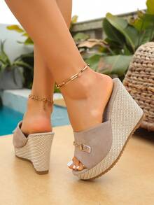 女士时尚休闲坡跟凉鞋，金色搭扣编织拖鞋，厚底高跟鞋，适合日常、度假、通勤、派对等场合穿着（尺码偏小一码） - 杏色 - 查看 7