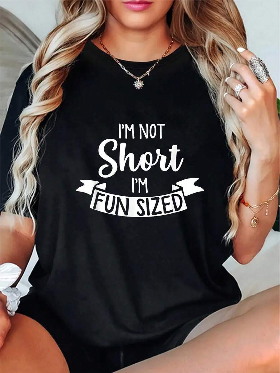 Women's "I'm Not Short, I'm Interesting" Humorous T-Shirt - Casual Black Short-Sleeve Tee With White Text, Perfect Gift For Petite Figures, Suitable For Spring, Summer, And Autumn, Casual Wear |   Playful Text T-Shirt |   Comfortable Fit - Unisex Loose - Fit Comfortable Vintage Street - Style Cotton T-Shirt Top - Black - View 1