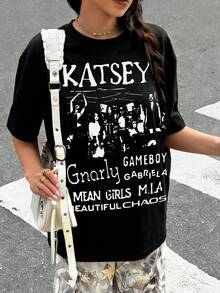 Camiseta de manga corta y cuello redondo para niñas, de primavera y otoño - Diseño de estampado circular KATSEYE, camiseta de punto, blusa para niñas, tela suave de poliéster de 180g, adecuada para regalar a los niños para volver al colegio, fiestas, actividades al aire viajes - Negro - Ver 3