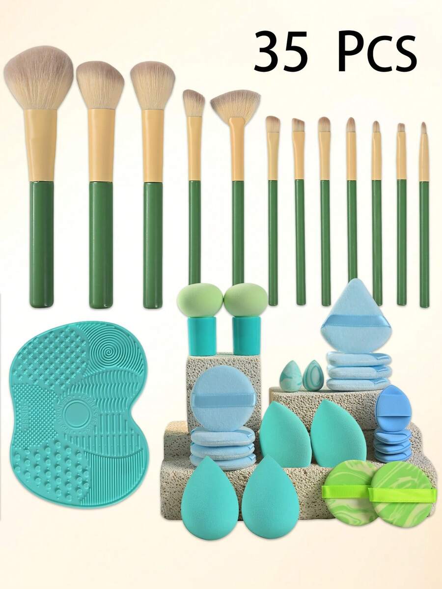 35 PCS Professional Makeup Brush Set, Makeup Tools With Soft Brush Bristles, Includes Makeup Sponge, Powder Puff, Silicone Makeup Brush Cleaning Mat, Foundation Brush, Eye Shadow Brush, Blending Brush, Eyebrow Brush - Green - View 1