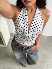女士Y2K风格波点吊带露脐上衣，深V领修身背心，巴黎街头风，适合春夏休闲穿着，咖啡厅风格 - 白色 - 查看 7