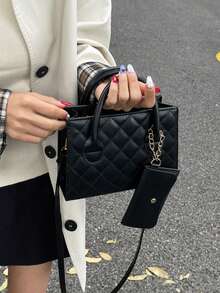 Rhombus Embroidery Thread Stylish Casual Piped One Shoulder Handbag & Crossbody Bag - Black - View 2