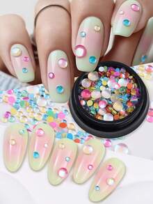 1盒半圆形炫彩珠子美甲装饰，美人鱼串珠混色水晶珠亚克力美甲平底石，春夏DIY美甲配件工具美甲用品 - 彩色 - 查看 1