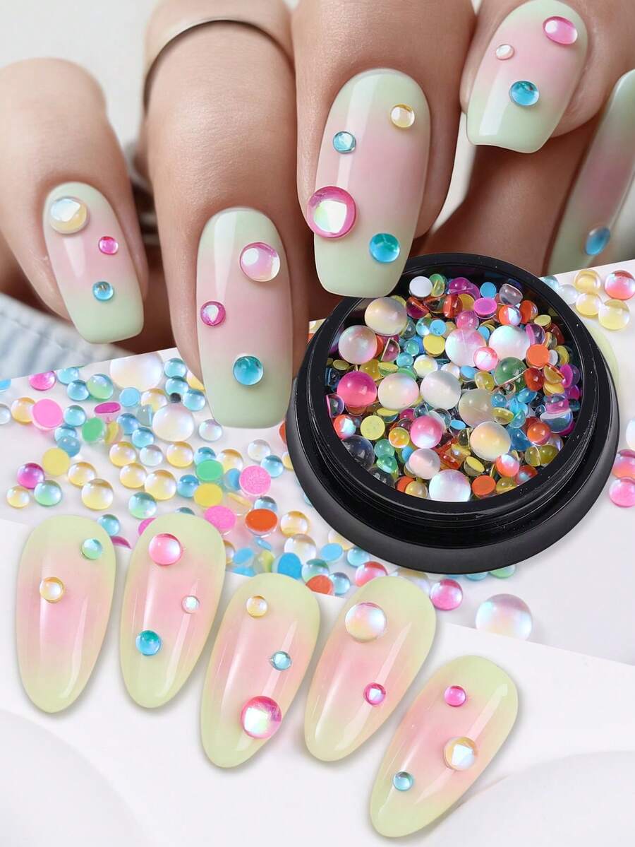 1盒半圆形炫彩珠子美甲装饰，美人鱼串珠混色水晶珠亚克力美甲平底石，春夏DIY美甲配件工具美甲用品 - 彩色 - 查看 1