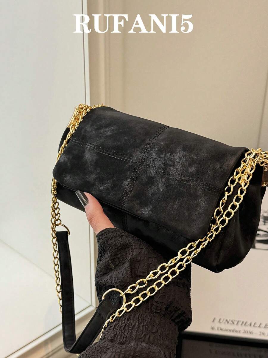 New Autumn/Winter Solid Color Suede Simple Shoulder Bag, Classic Versatile Flap Gold Chain Crossbody Bag For Women, Suitable For Shopping, Wallet, Young Ladies, College Students, Newlyweds, Office Workers. Ideal For Office, School, Work, Business, Commuting, Outdoor Activities, Travel, Going Out And Other Occasions.