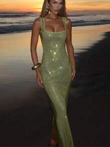 Fashionable Socialite, Mature Lady Style, Slim Fit, Slimming Street Party, Sexy Shoulder Strap, Sequin Mesh Diamond Suspender Dress, Feminine Temperament, Waist Cinching, Headband, Hip Bag Skirt - 綠色 - 查看 2